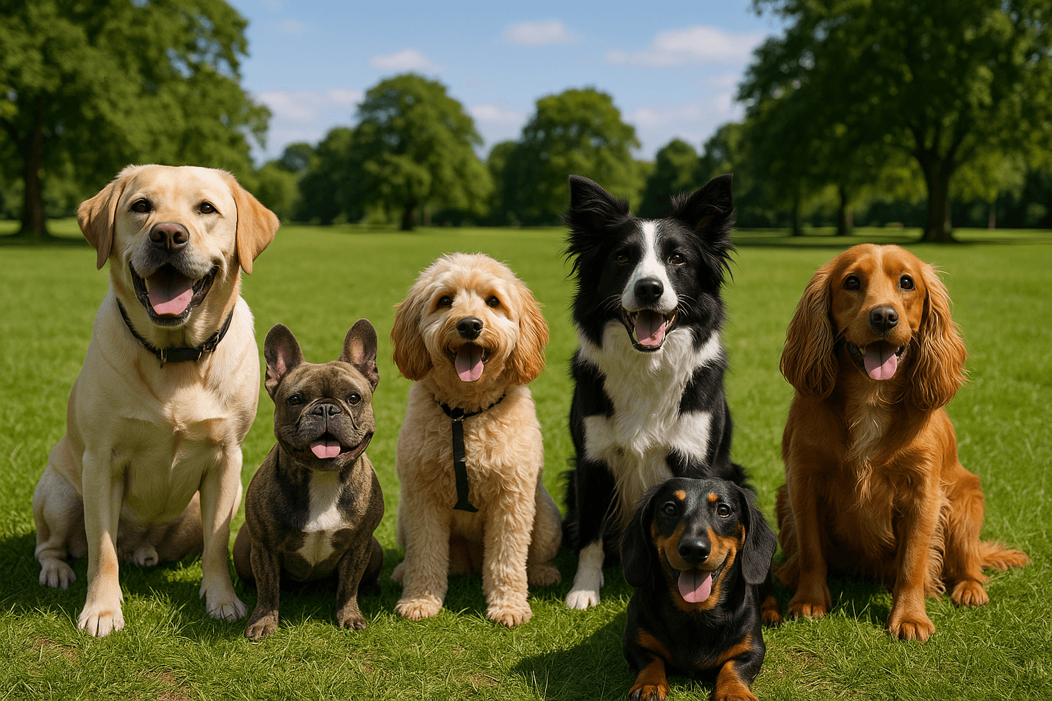 A collection of different dog breeds in natural UK outdoor settings