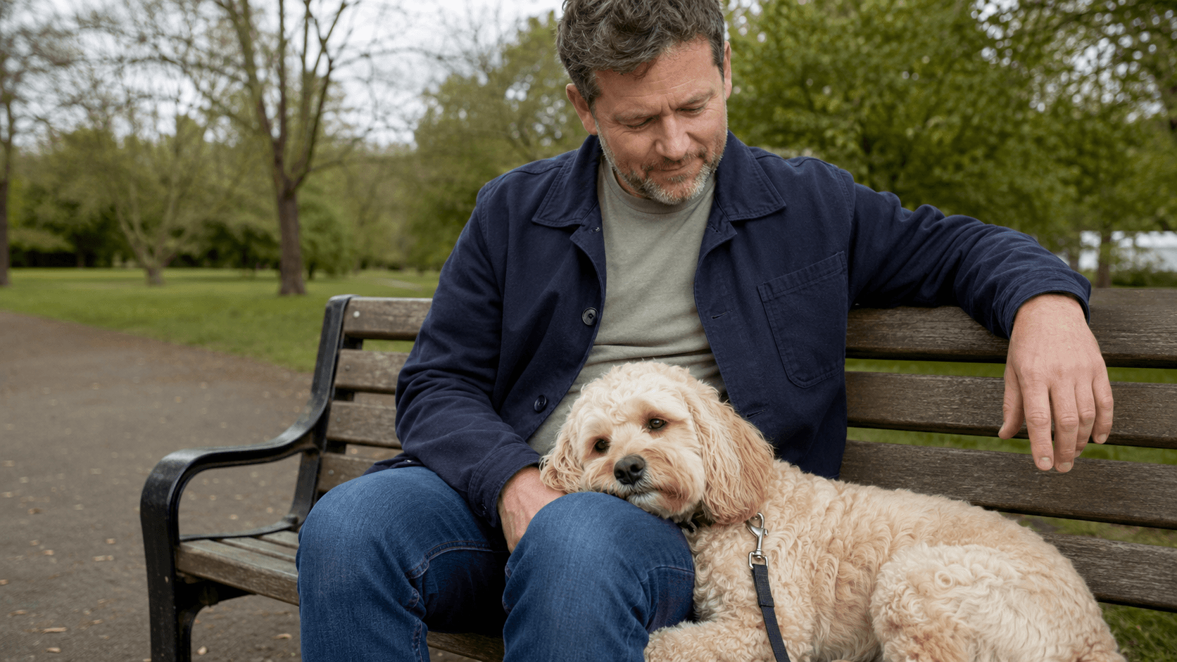A man relaxed on a park bench with a Cavapoo resting its head on his knee, showing no allergy symptoms