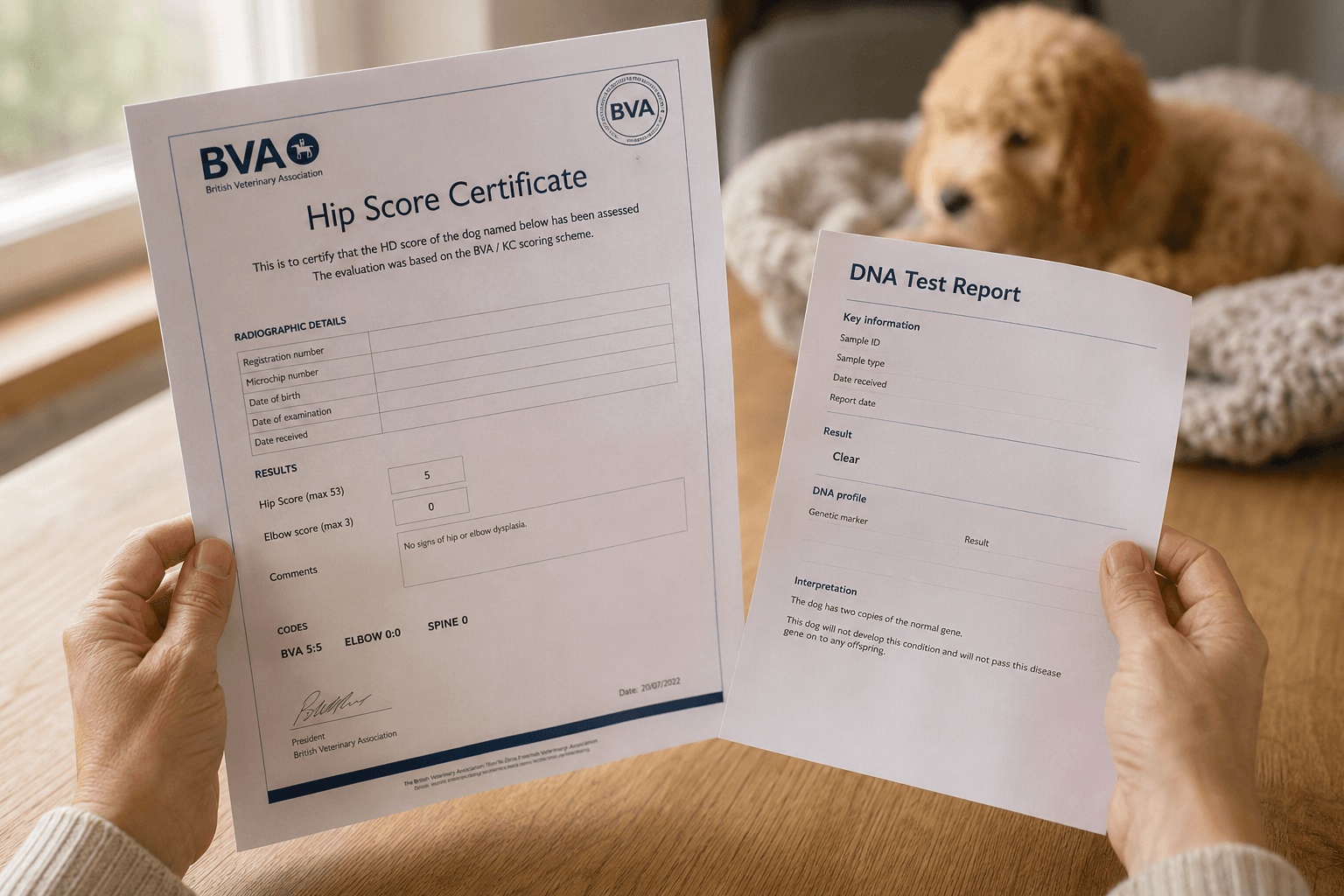 A breeder's hands holding a BVA hip score certificate and a DNA test result document