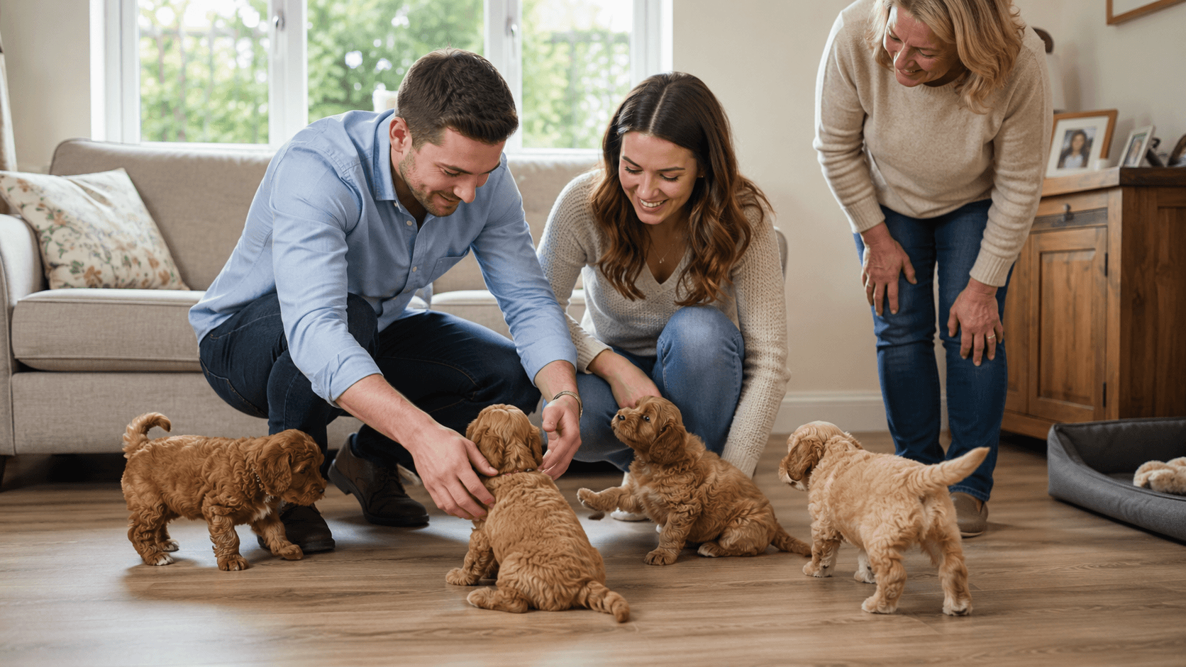 A couple crouching in a domestic living room to interact with a litter of Cockapoo puppies, with the breeder watching nearby