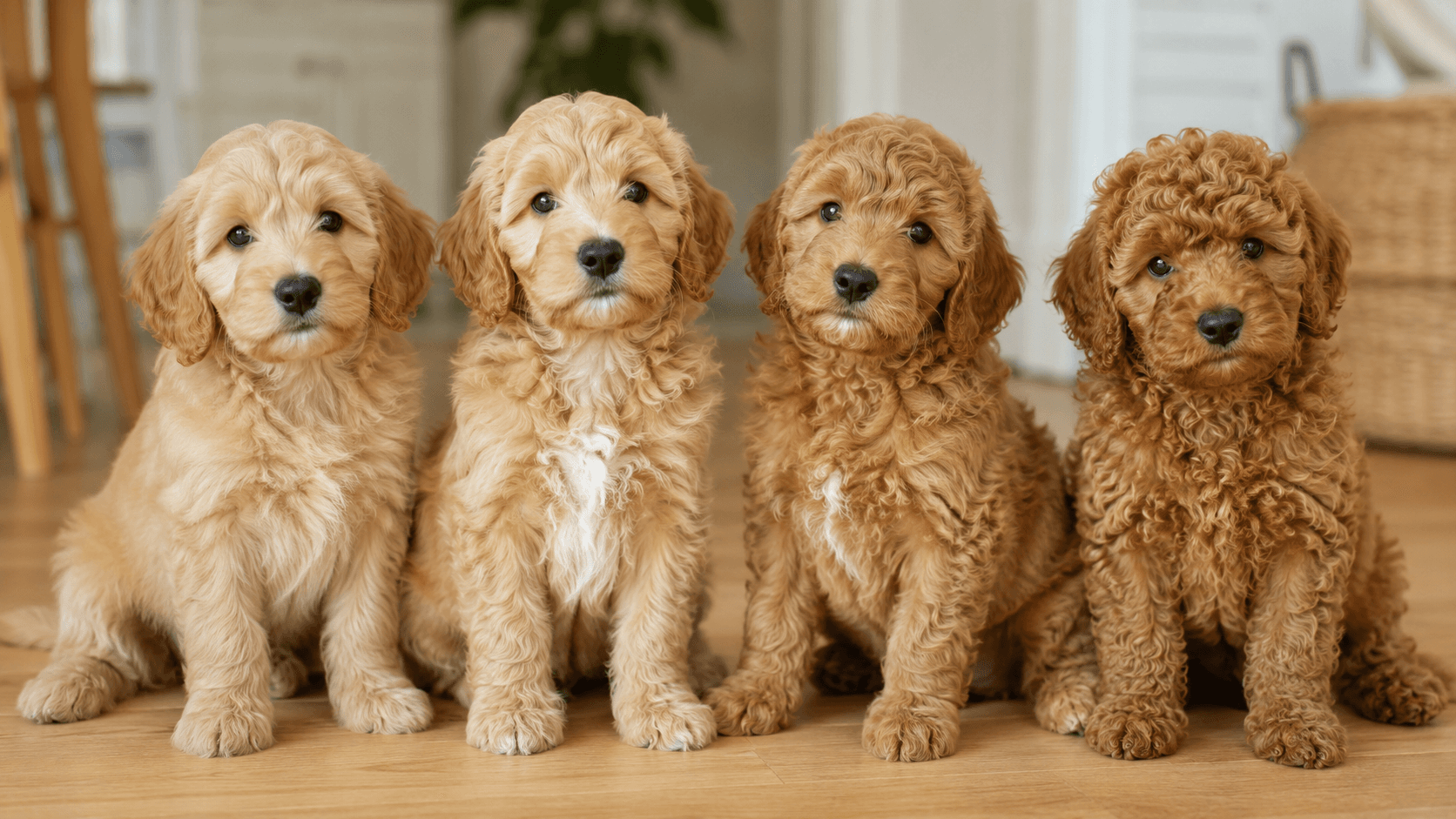 Four Goldendoodle puppies from the same litter, each with a visibly different coat texture