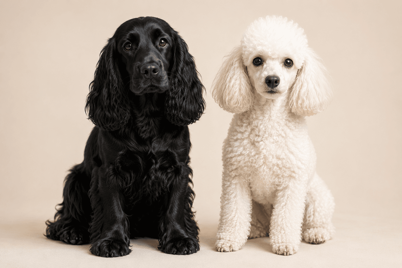 A purebred Cocker Spaniel and a purebred Poodle, the two parent breeds of an F1 Cockapoo