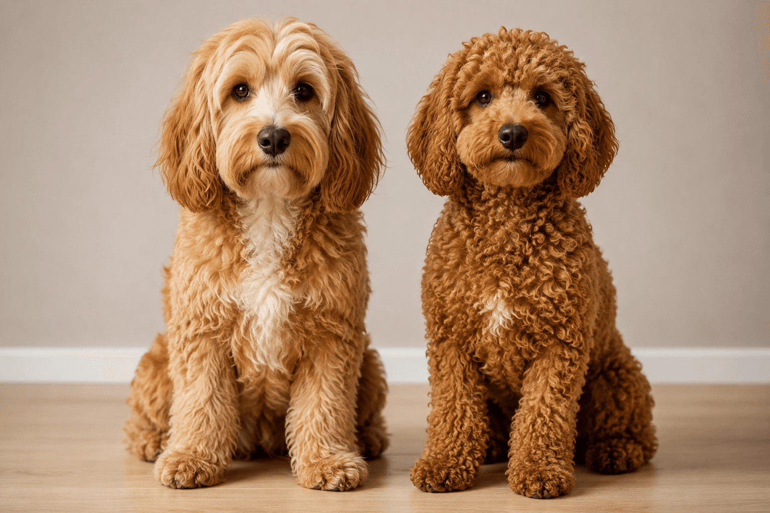Two Cockapoos side by side showing the coat difference between an F1 wavy coat and an F1b curlier coat