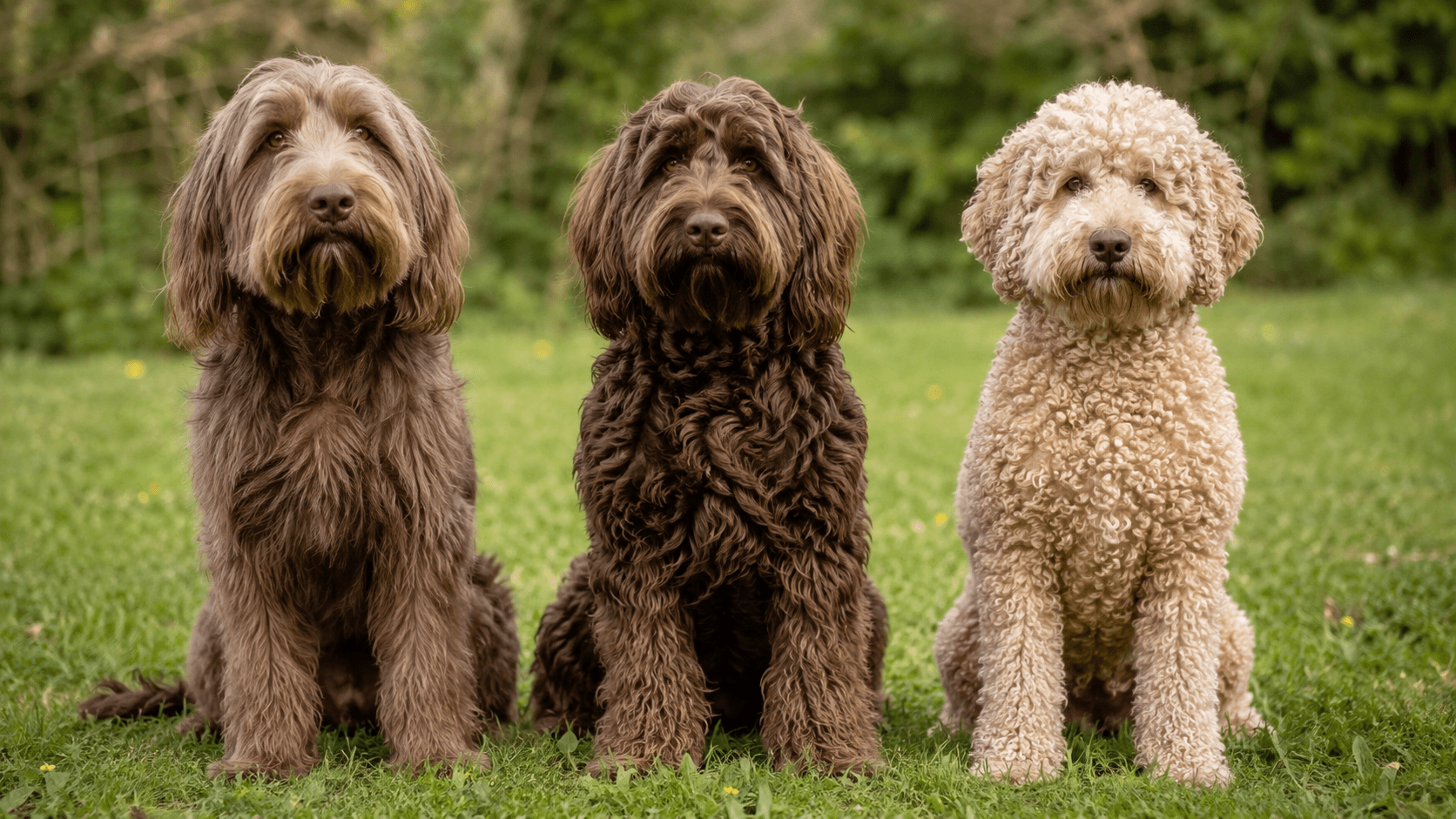 Three Labradoodles with different coat types — straight, wavy and curly — showing variation across generations