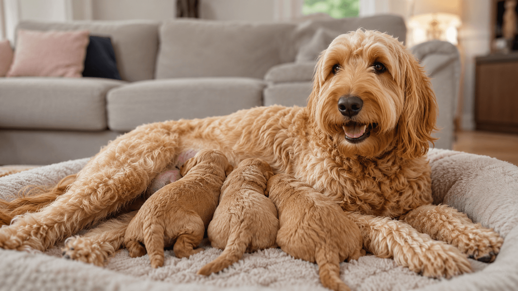 A Labradoodle mother lying with her puppies nursing on a dog bed in a bright domestic living room