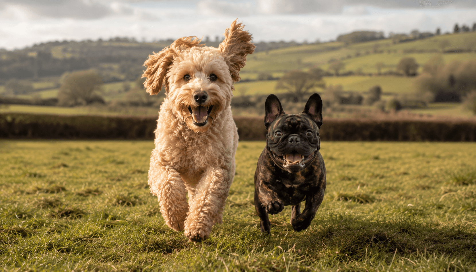 A Goldendoodle and French Bulldog running together through British countryside